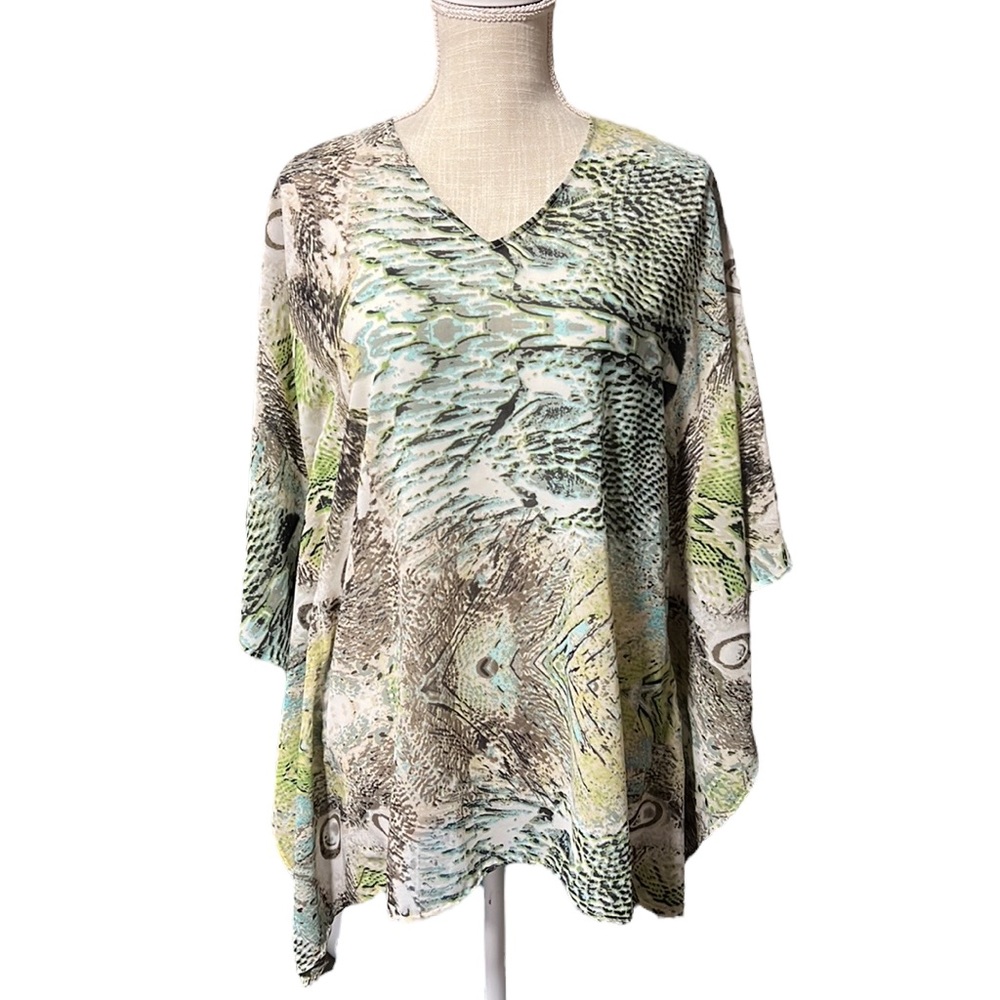 Scully Kimono Cape Poncho Shawl Aztec Animal Print Green Tan Womens Size M